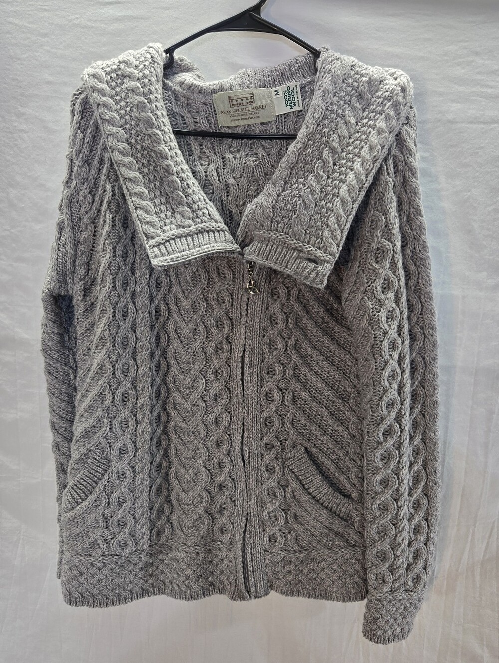 Aran Craft Women's Medium Gray Merino Wool Asymmetrical Hooded Sweater Cardigan